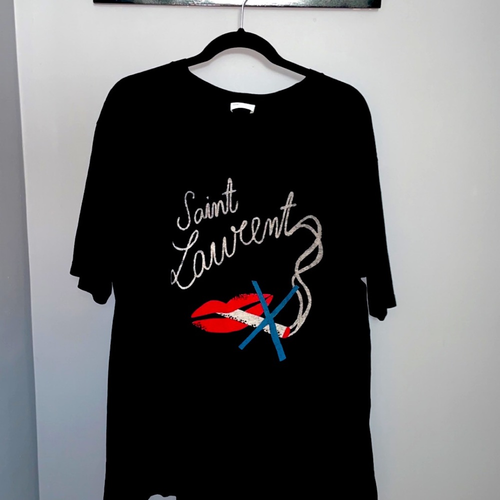 Saint Laurent Mens Smoking Lips Logo Tee- Black Multi